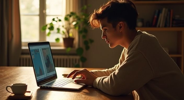 Een jongvolwassene vergelijkt datingwebsites aan een houten bureau. Een jongvolwassene vergelijkt datingwebsites aan een houten bureau