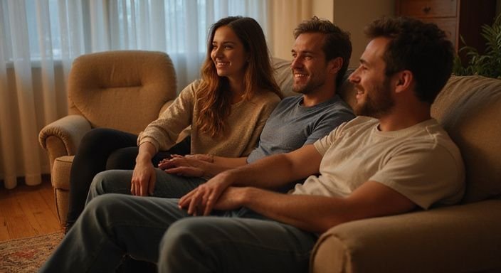 Een intieme bijeenkomst van vrienden op een versleten bank. Een intieme bijeenkomst van vrienden op een versleten bank